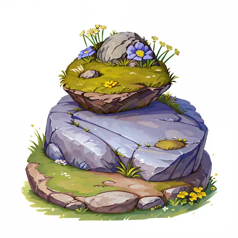 icon of detailed flat rock and grass on top,flowers, white background,