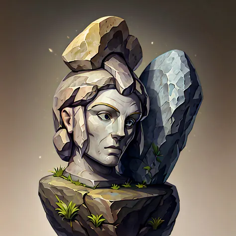 icon of stone statue , rock, grass white background, gradient background,