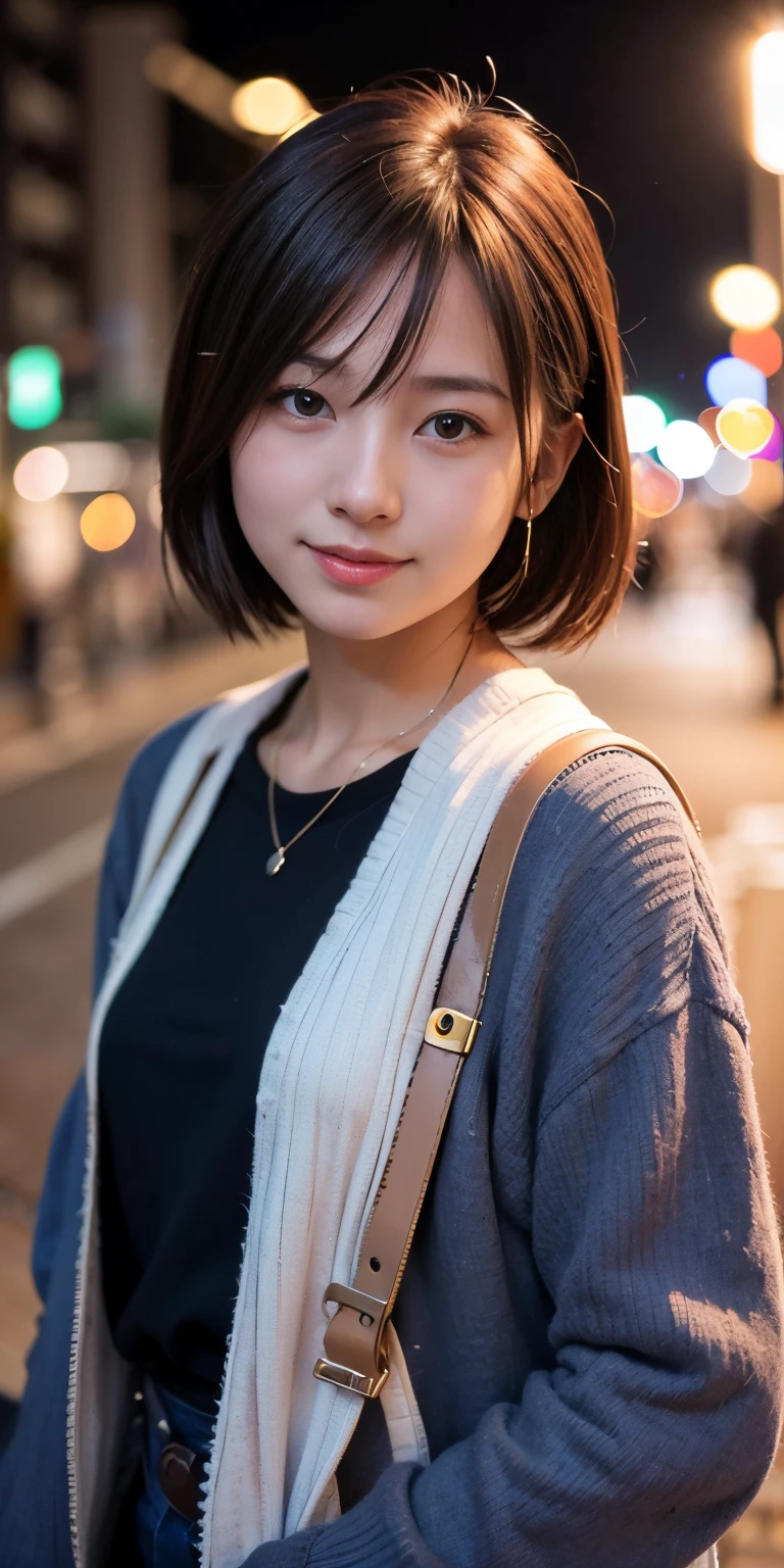 1girl, Tokyo street,night, cityscape,city lights,upper body,close-up,smile,, (8k, RAW photo, best quality, masterpiece:1.2),(realistic, photo-realistic:1.37),