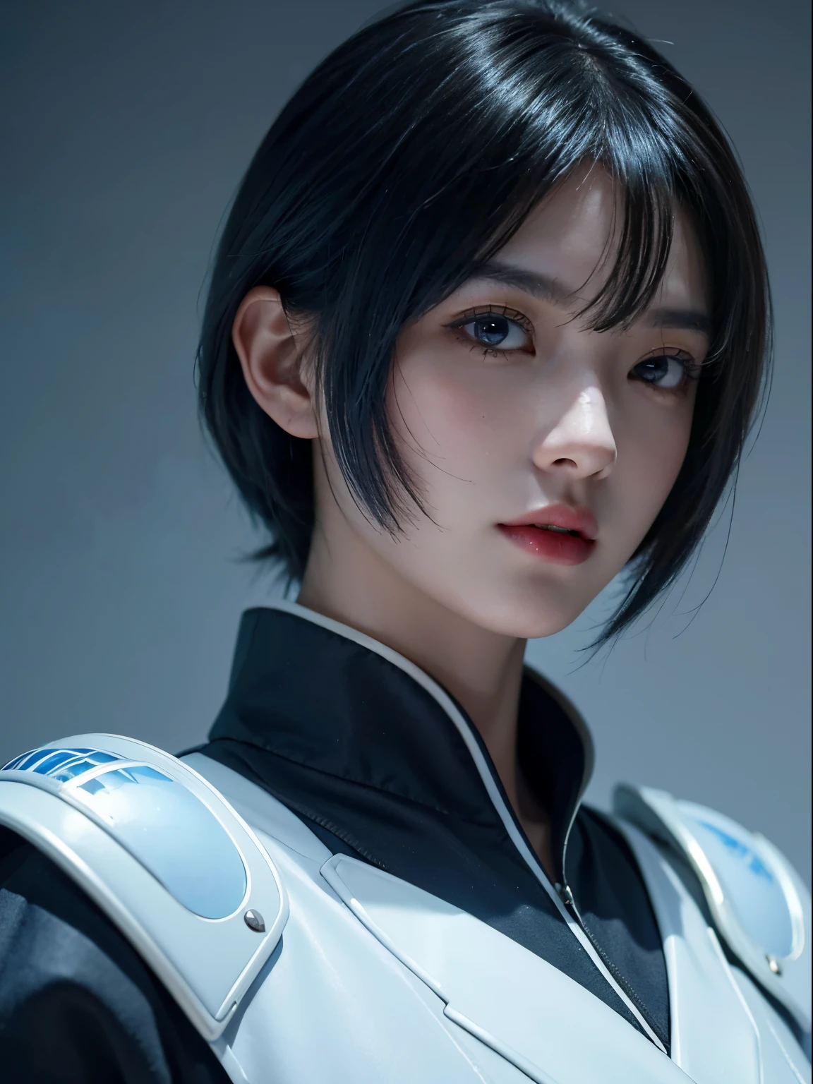 tmasterpiece,Best quality at best,A high resolution,8k,(portrait),(Close up of avatar),(RAW photogr),real photograph,digital photography,cyberpunk policewoman,20-year-old girl,short detailed hair,with long bangs,(Black and blue gradient hair),Red eyes,Elegant and majestic,Dressed in military uniform,golden clothing texture,badges,Simple accessories,Keep your mouth shut,Redlip,Serious and charming,police officers,Photo pose,Sci-fi style laboratory,White room,oc render reflection texture