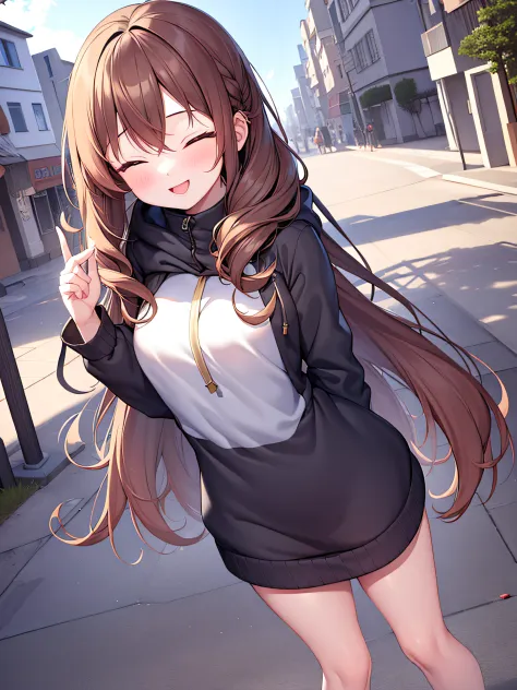 ((masterpiece)), (best quality), 1girl, hoodie, brown hair, long hair, smile, hands behind back, eyes closed, cute, city