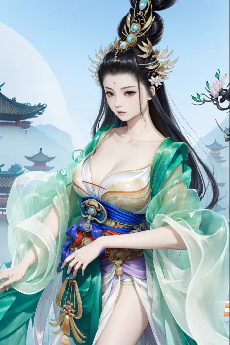 1个Giant Breast Girl，panoramic lens，close-up all over the body，The barefoot，Chinese Ancient Times，entire body image，独奏，game fairy...