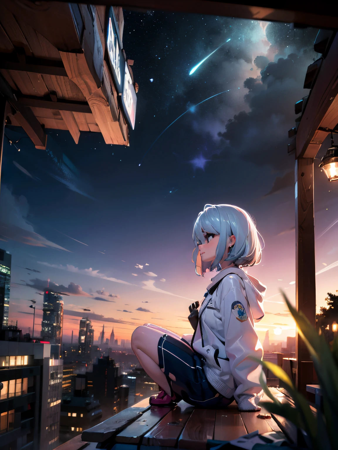 best quality, masterpiece, extremely detailed, detailed background, anime, 1girl, young girl, short girl, sci-fi, science fiction, outdoors, night, starry sky, greenhouse, megastructure, bio-dome, landscape, scenery, horizon, rooftop, sitting on rooftop, wind, looking away, atmospheric lighting, solo focus, close up, from side, depth of field, bokeh, comic strips