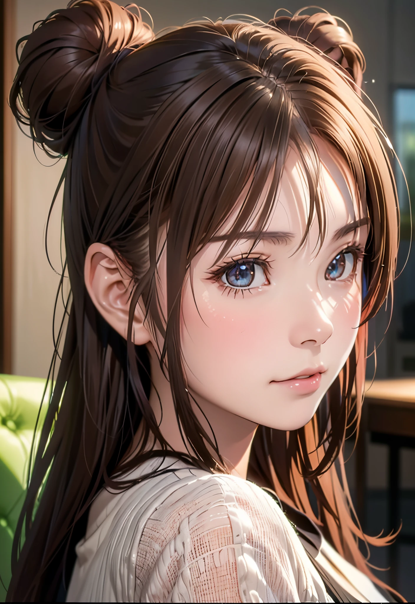 8K,Best Quality, masutepiece, 超A high resolution, (Photorealistic:1.4), Raw photo, (Authentic skin texture:1.3), (Film grain:1.3), (Selfie angle),1girl in, Bun hairstyle, Brown hair, Sitting, Chair, bored, Hand supporting chin, beautiful detailed eyes and face,masutepiece, Best Quality,close-up,upper bod,