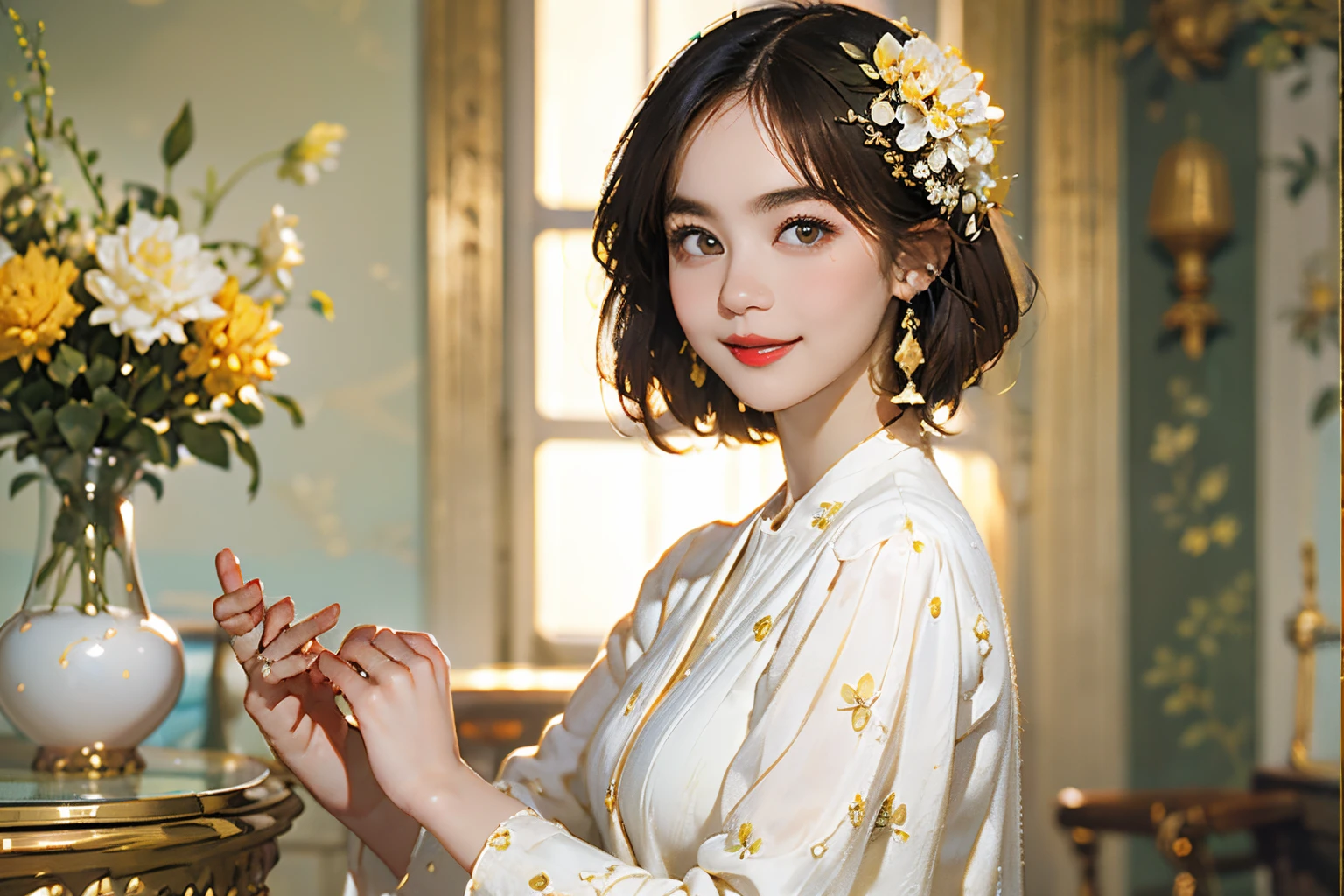 121
(a 20 yo woman,is standing), (A hyper-realistic), (high-level image quality), ((beautiful hairstyle 46)), ((short-hair)), (Gentle smile), (breasted:1.1), (lipsticks), (florals), (Luxurious room), (Depth of field is deep), (escher&#39;Mysterious picture)