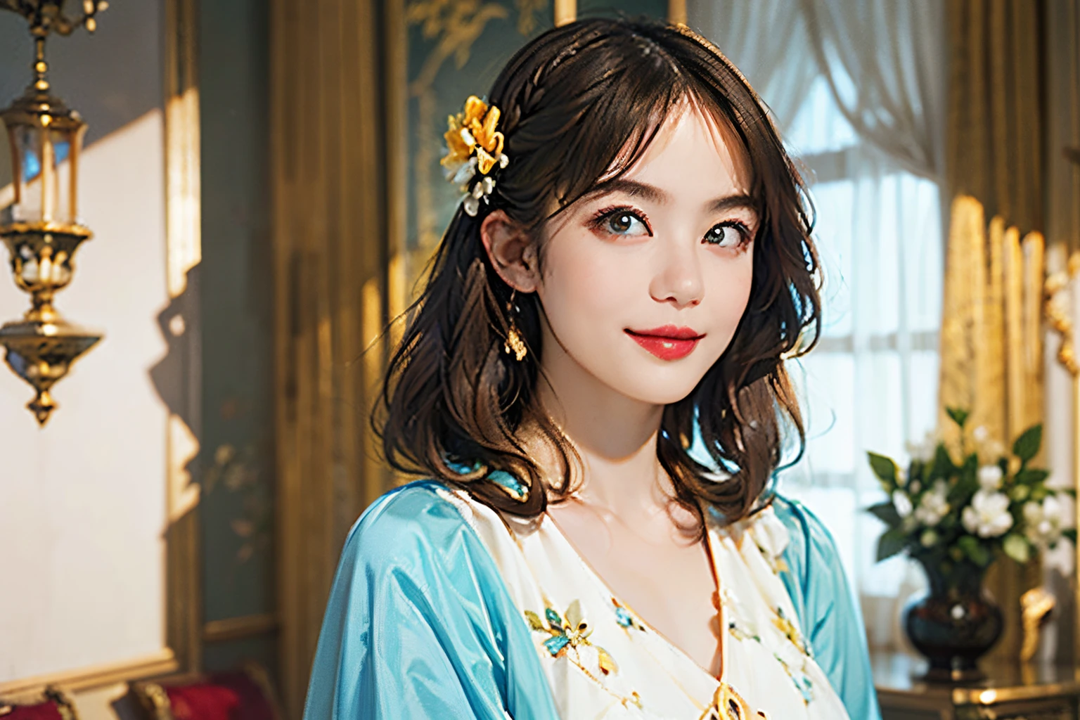 121
(a 20 yo woman,is standing), (A hyper-realistic), (high-level image quality), ((beautiful hairstyle 46)), ((short-hair)), (Gentle smile), (breasted:1.1), (lipsticks), (florals), (Luxurious room), (Depth of field is deep), (escher&#39;Mysterious picture)