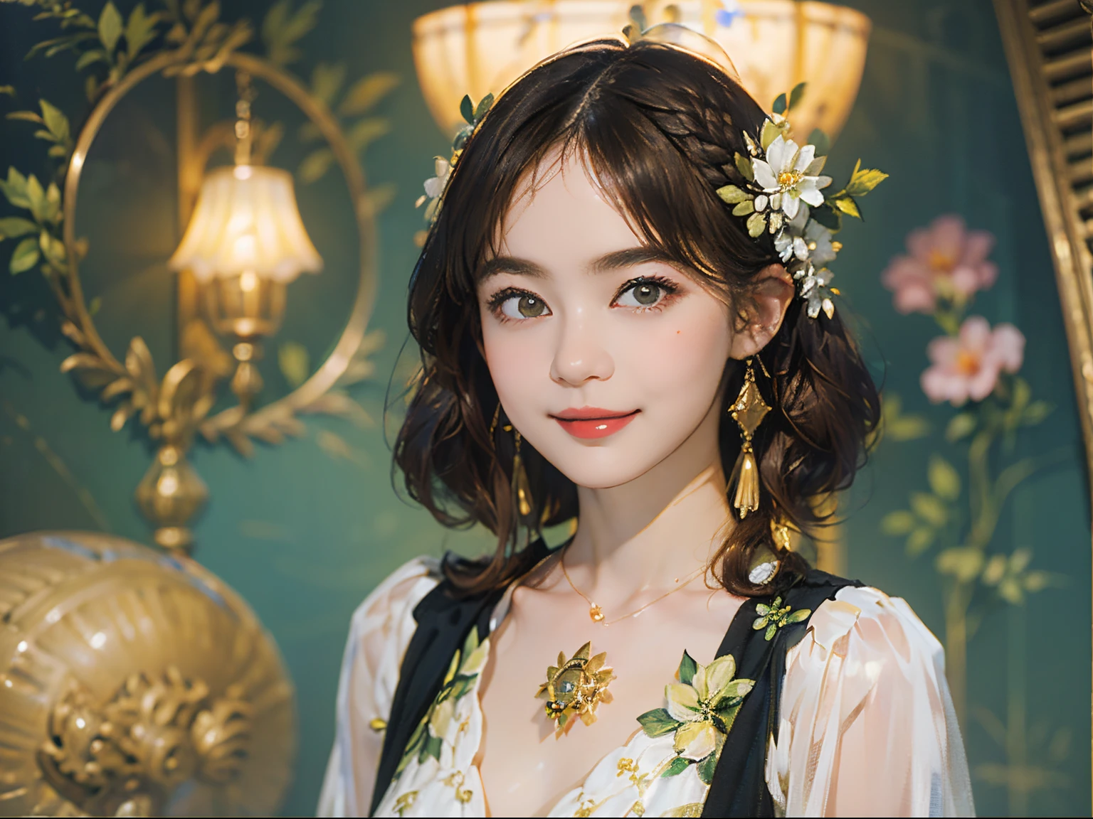 121
(a 20 yo woman,is standing), (A hyper-realistic), (high-level image quality), ((beautiful hairstyle 46)), ((short-hair)), (Gentle smile), (brest:1.1), (lipsticks), (florals), (Luxurious room), (Depth of field is deep), (Escher&#39;s mysterious paintings)