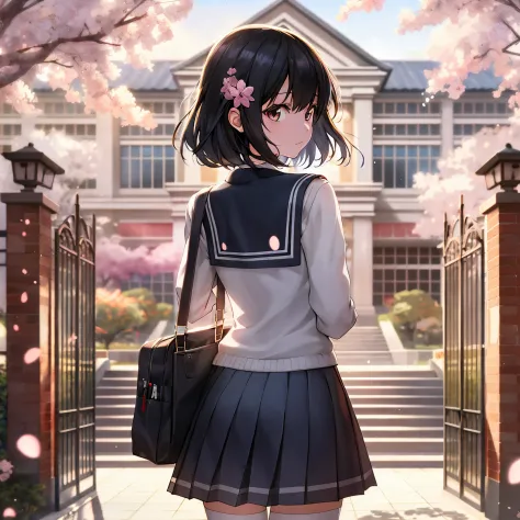 Anime girl wearing school uniform standing in front of the door, Beautiful anime high school girl, Anime style 4k, smooth anime ...