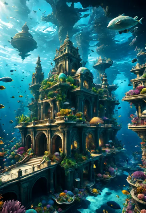 (Utopia art, Utopia theme:1.4), underwater city, underwater civilization, palaces, grand, surrounded by vibrant marine life, and...
