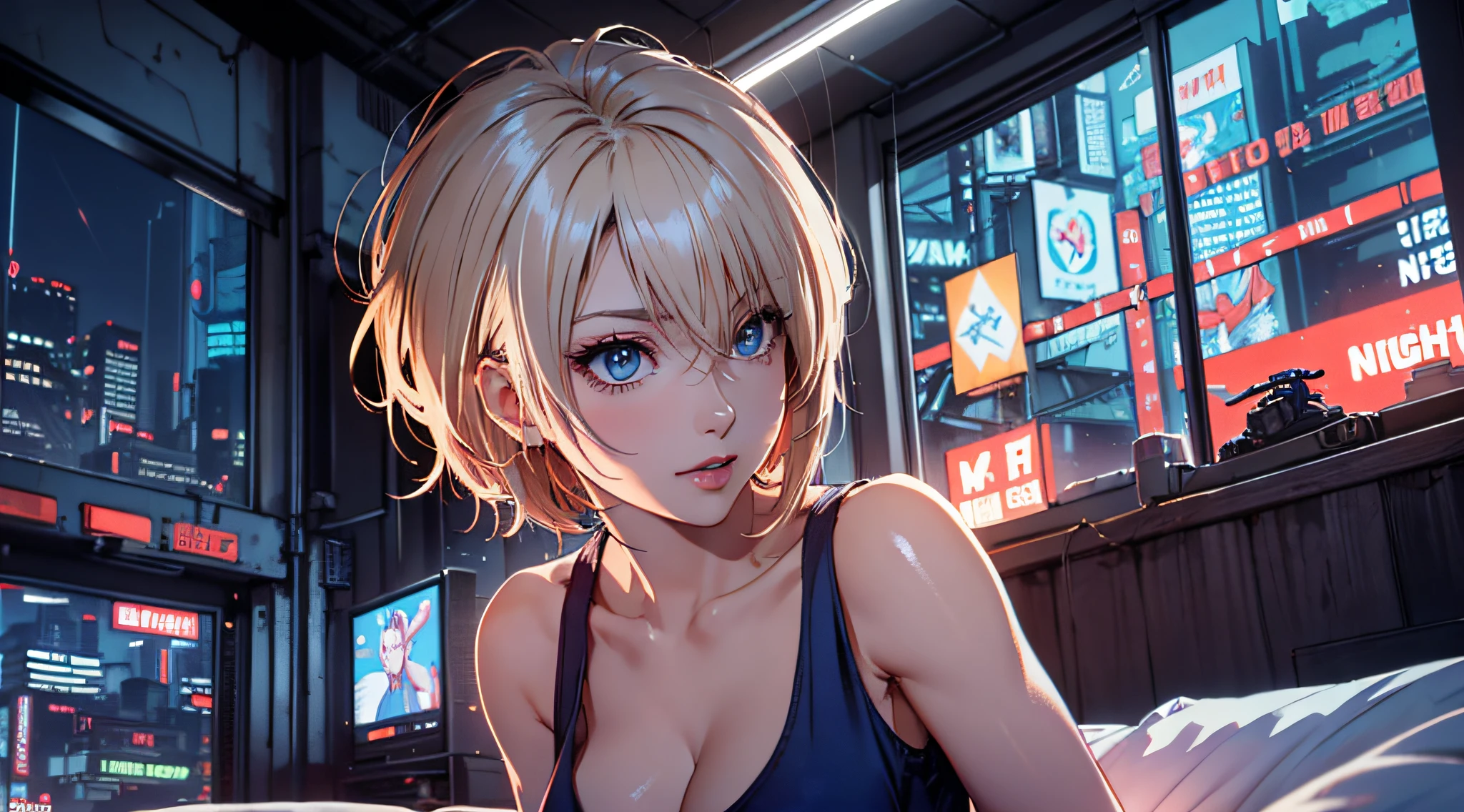 Cinematic Angle、Sareme、((A very beautiful sexy adult villain wearing a peach tank top))、Lover's perspective、Asymmetrical ultra-short hair,、cleavage of the breast、Very boyish and cool、a blond、sky blue hair,Red inner hair、(((Bedroom with cyberpunk night view)))、Great lighting、D-Cup Peak、