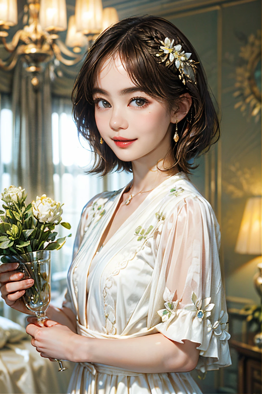 122
(a 20 yo woman,is standing), (A hyper-realistic), (high-level image quality), ((beautiful hairstyle 46)), ((short-hair:1.2)), (Gentle smile), (breasted:1.1), (lipsticks), (florals), (Luxurious room), (Depth of field is deep), (escher&#39;mysterious picture)