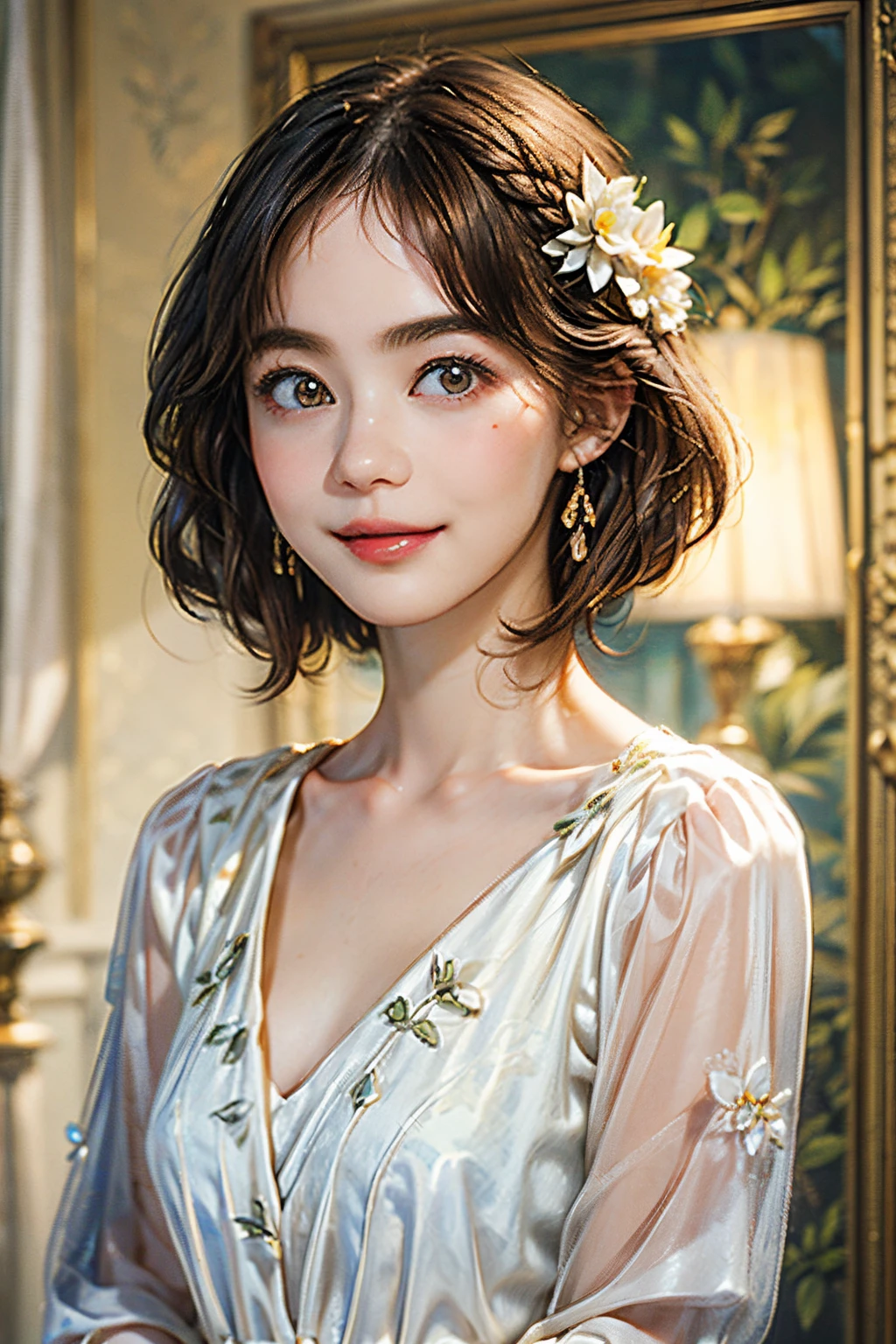 122
(a 20 yo woman,is standing), (A hyper-realistic), (high-level image quality), ((beautiful hairstyle 46)), ((short-hair:1.2)), (Gentle smile), (breasted:1.1), (lipsticks), (florals), (Luxurious room), (Depth of field is deep), (escher&#39;mysterious picture)