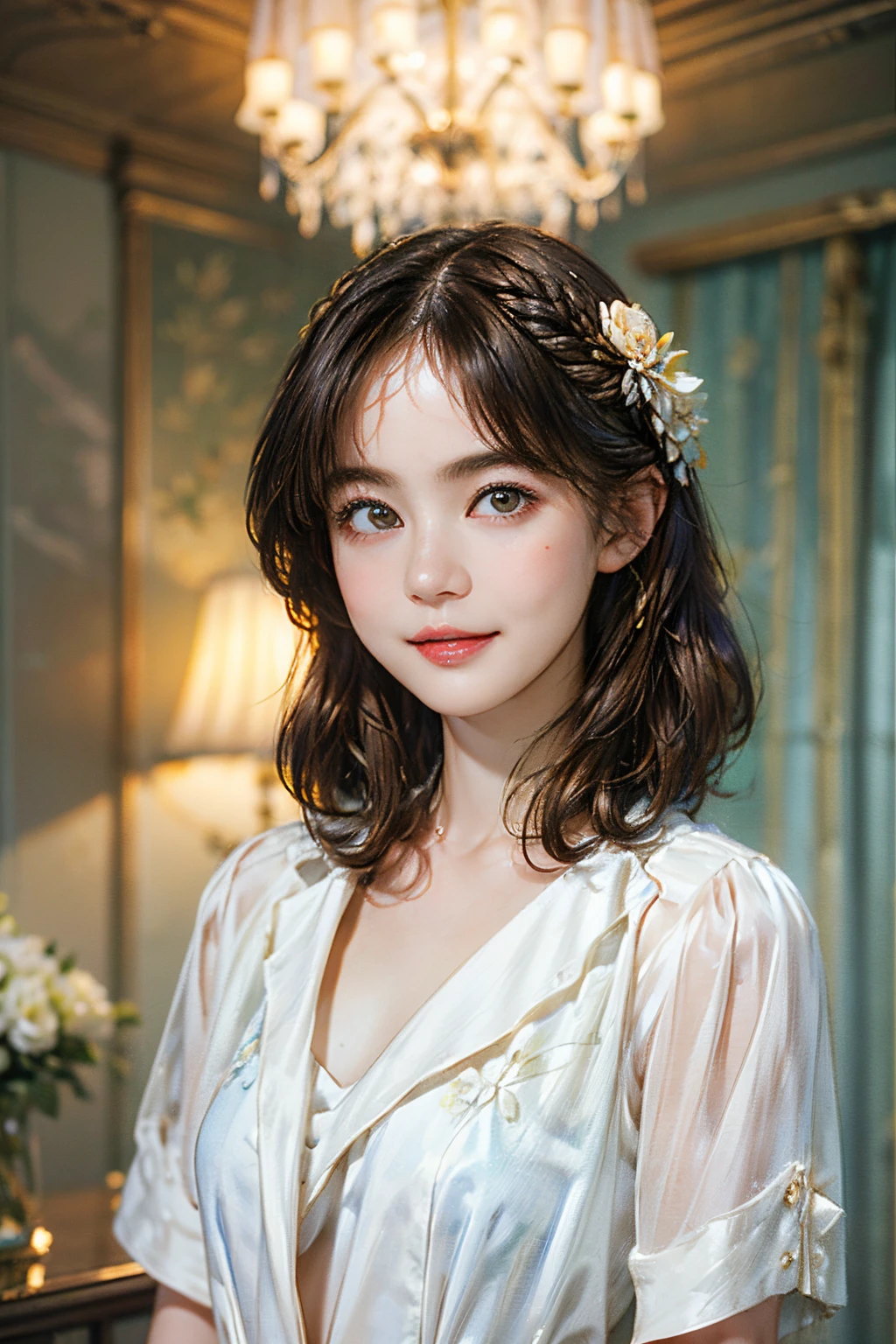 122
(a 20 yo woman,is standing), (A hyper-realistic), (high-level image quality), ((beautiful hairstyle 46)), ((short-hair:1.2)), (Gentle smile), (breasted:1.1), (lipsticks), (florals), (Luxurious room), (Depth of field is deep), (escher&#39;mysterious picture)