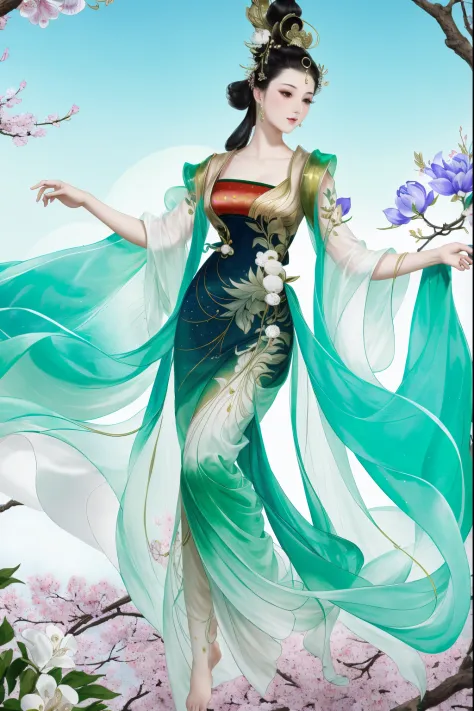 1girll，Full body standing painting，The barefoot，Chinese Ancient Times，entire body image，独奏，game fairy，ancient chinese beauti，Wea...