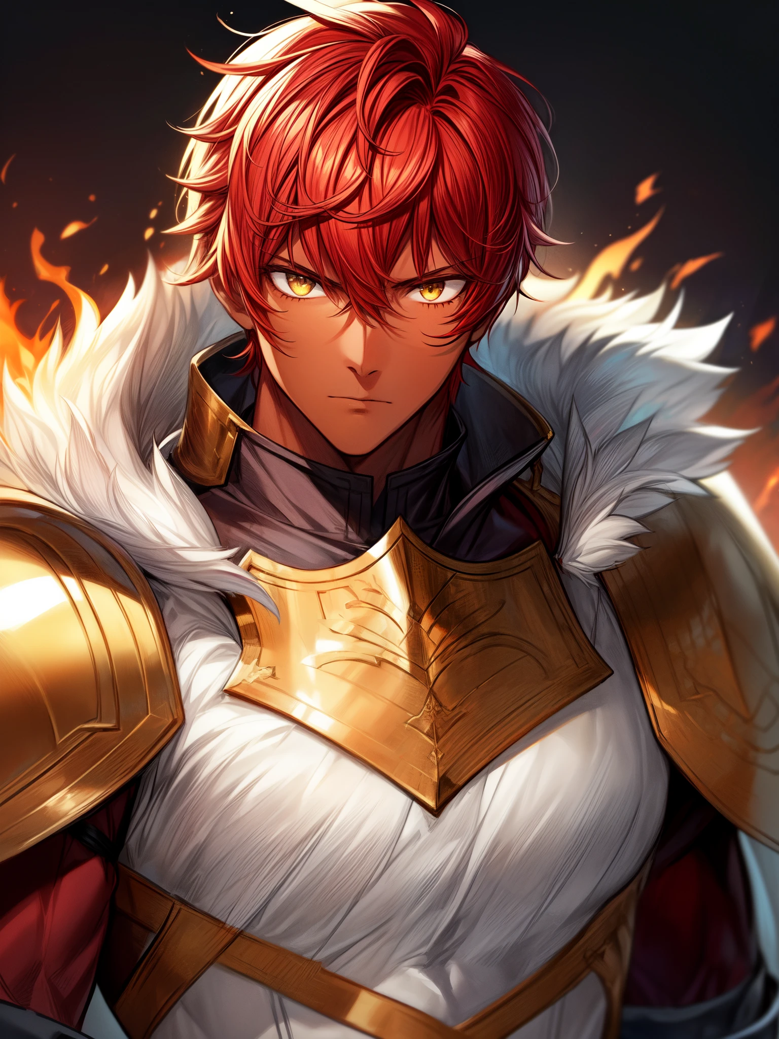((dark skin)), ((muscular male)), ((fur trim)), ((noble armor)), ((adult male)), ((golden eyes)), upper body, ((fire emblem character)), ((portrait)), ((serious expression)), ((bright red hair)), ((short wild hair)), ((mature male)), ((complementary colors)),1boy, beautifully drawn, high resolution illustration, best quality, High definition, ((detailed anime sketch)), Masterpiece, (solo), absurdres, detailed background, fine detail, male focus, HDR,