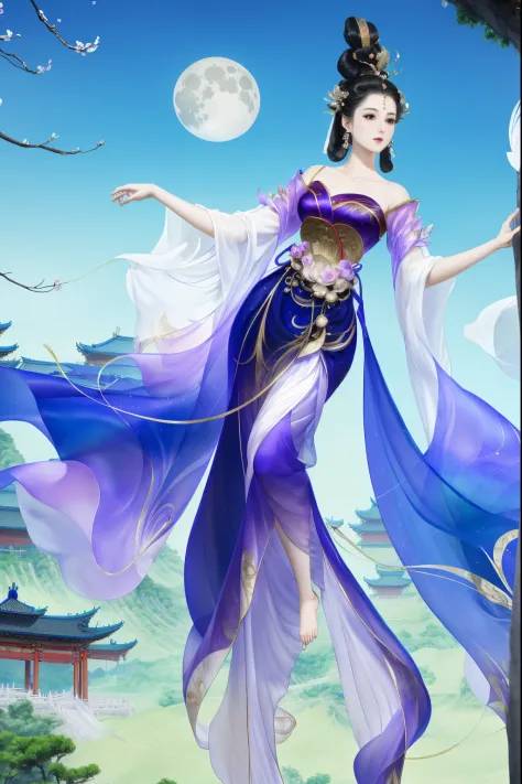 1个Giant Breast Girl，Full body standing painting，Barefoot，Chinese Ancient Times，entire body image，独奏，game fairy，ancient chinese b...