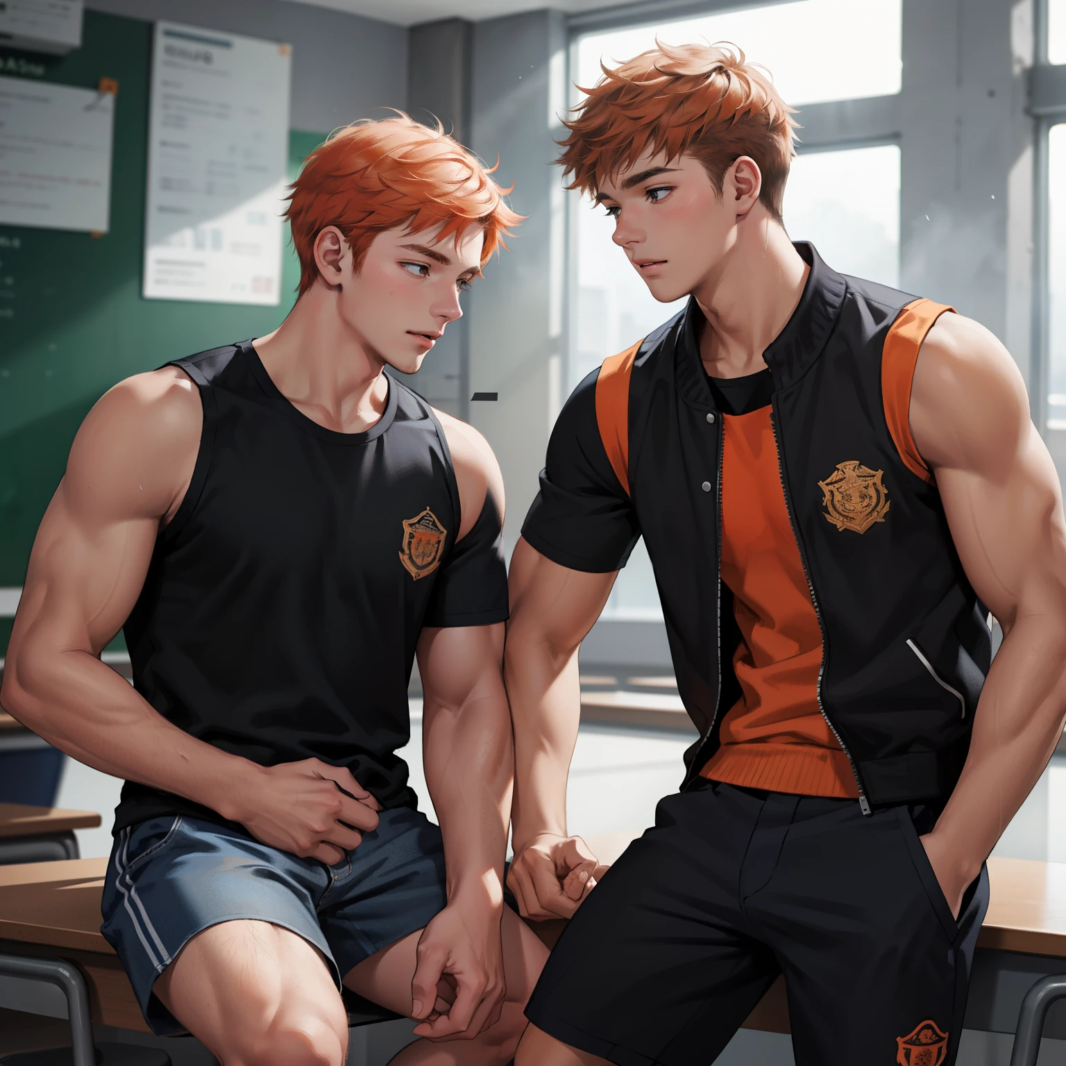 两名 15 岁的橙色头发的青少年男性朋友在学校聊天时分享了一个秘密，他们几乎是兄弟姐妹的朋友... (使用相同的字符)