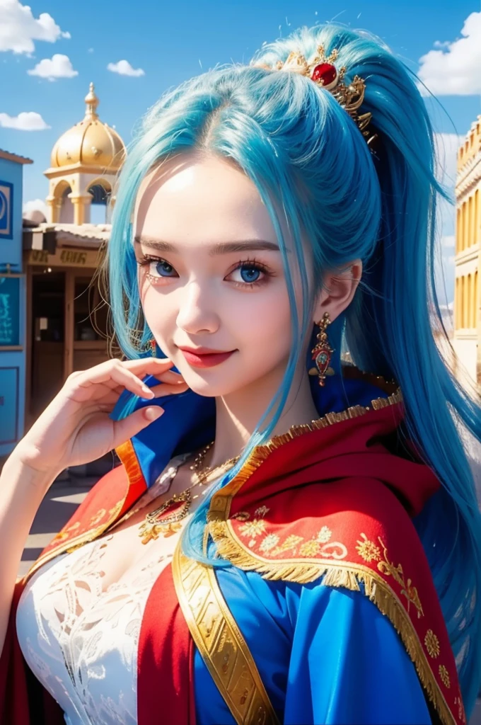 masterpiece, ((ultra detailed background, delicate pattern, intricate detail)), (highly detailed, fine details), best quality, beautiful lighting, (portrait), NefertariViviV3, 1girl, long hair, blue hair, solo, jewelry, earrings, ((red cape, white dress, simple dress)), ponytail, hair ornament, necklace, sky, blue eyes, complex detailed background, outside, sunny, desert town environment, buildings, town, market, hair lift, hands behind back, smile,