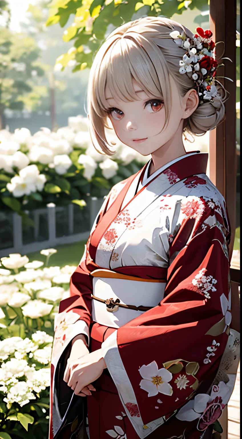 The background is a world of white flowers、Best Quality, masutepiece, High resolution, (((1girl in))), sixteen years old,Red Eyes、Dark red kimono、((Dark red floral kimono)), Tindall Effect, Realistic, Shadow Studio, Red lighting, dual-tone lighting, (High Detail Skins: 1.2) Digital SLR, Photo, High resolution, 4K, 8K, Background blur,Fade out beautifully、The background is a world of white flowers