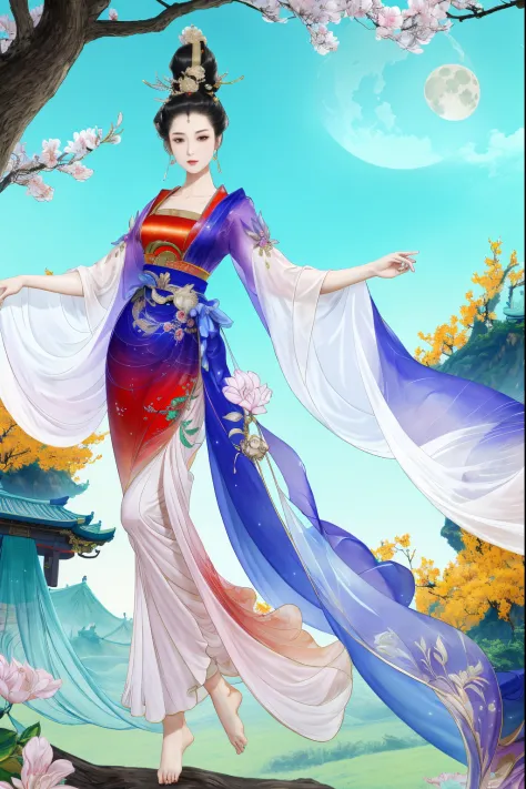 1个Giant Breast Girl，Full body standing painting，Barefoot，Chinese Ancient Times，entire body image，独奏，game fairy，ancient chinese b...