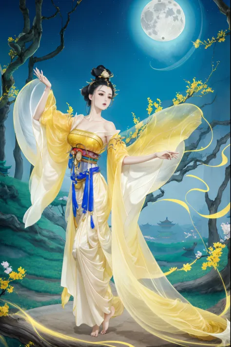 tmasterpiece, Best quality, 1 Beautiful woman, game fairy，Full body standing painting, Barefoot，Ancient Chinese yellow clothing,...