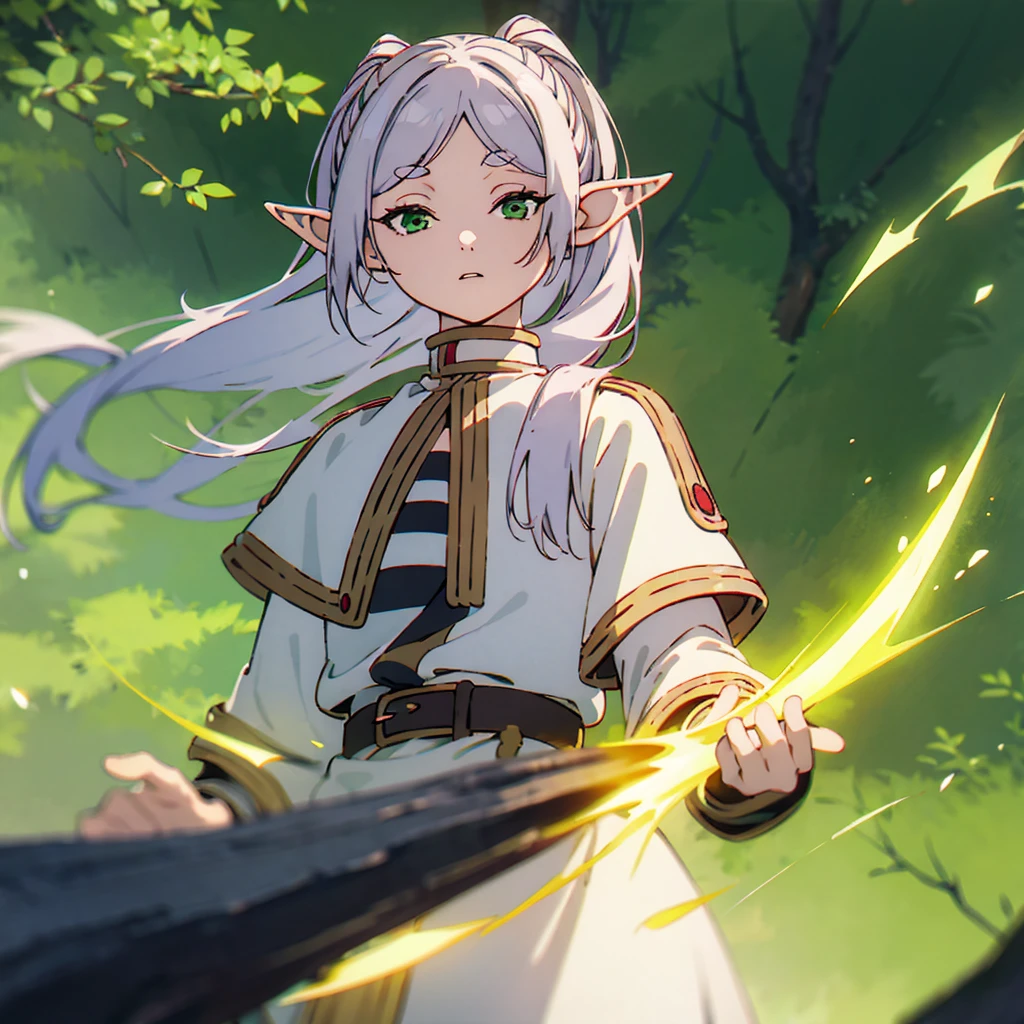 Detailed illustration, Frieren, green eyes, elf, pointy ears, casting a spell, sleepy eyes, in windy  forest, looking at viewer, upper body view