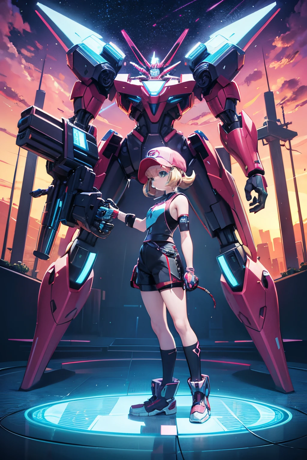 A woman standing in front of a giant robot with a sword - SeaArt AI