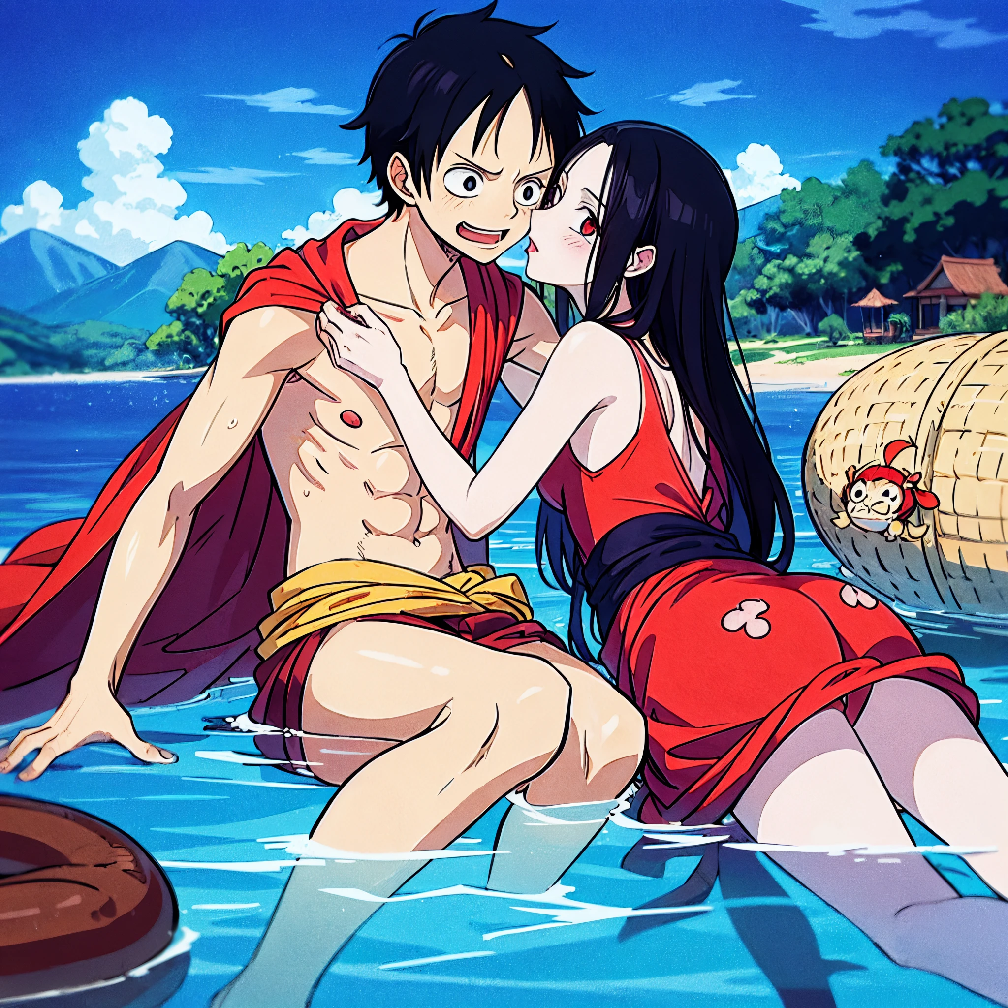 A couple of anime characters are kissing in the water - SeaArt AI