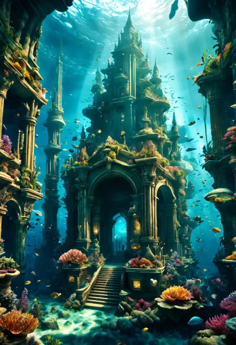 (utopia art, utopia theme:1.4), undersea temple, underwater city, lost city of atlantis, fantasy sea landscape, amazing depth, f...