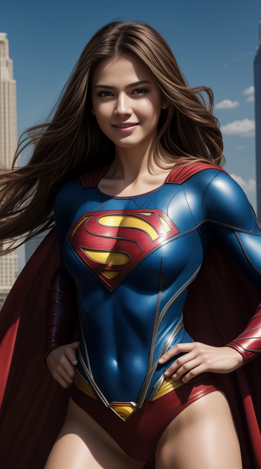 4k, fine detail, ultra high resolution, gradient hair, light tracing, real skin, 1girl, solo, happy face, superman logo, bottomless, (abs:0.5), hands on hips, cape, fighting pose, super hero, skyscraper, outdoors