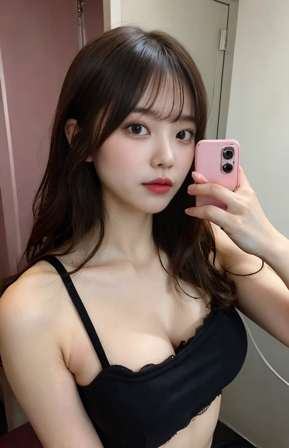 Araffe asian woman in a black bra top taking a selfie - SeaArt AI