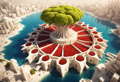 (Huge tree-shaped white building in a utopian world），（Huge white flower sea building）Background with：Desert area,Red Sea, The la...