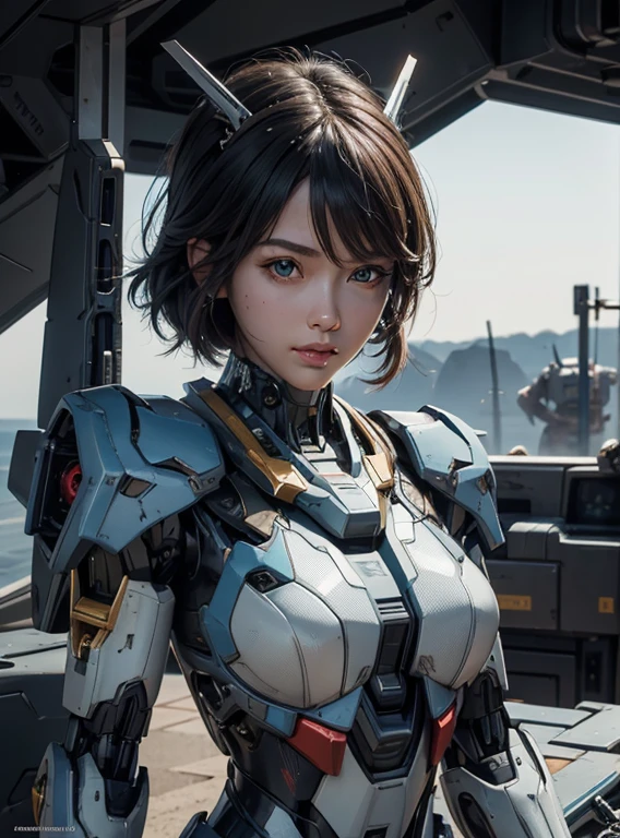 Textured skin, Super Detail, high details, High quality, Best Quality, hight resolution, 1080p, hard disk, Beautiful,(Gundam),beautiful cyborg woman,Mecha Cyborg Girl,Battle Mode,Girl with a Mecha Body,She wears a futuristic Gundam mecha,Fulll body Shot