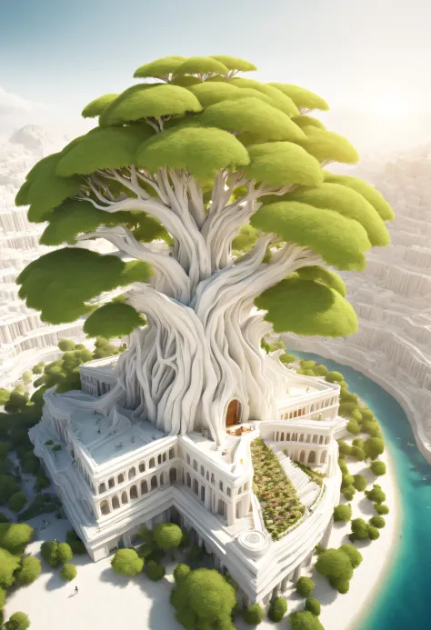 (Huge tree-shaped white building in a utopian world），（Huge white flower sea building）Background with：Desert area,Red Sea, bigger...
