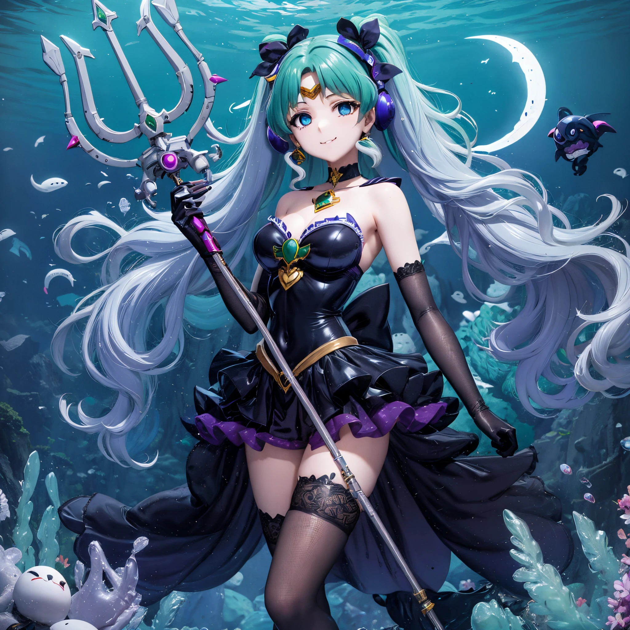 Sailor Neptune of the Fallen. female solo. Aqua color hair. Brainwashed eyes. A black mask that hides the eyes. Evil costume. nefarious smirk. Latex Costume. Full Body Stockings. Futuristic machine background.