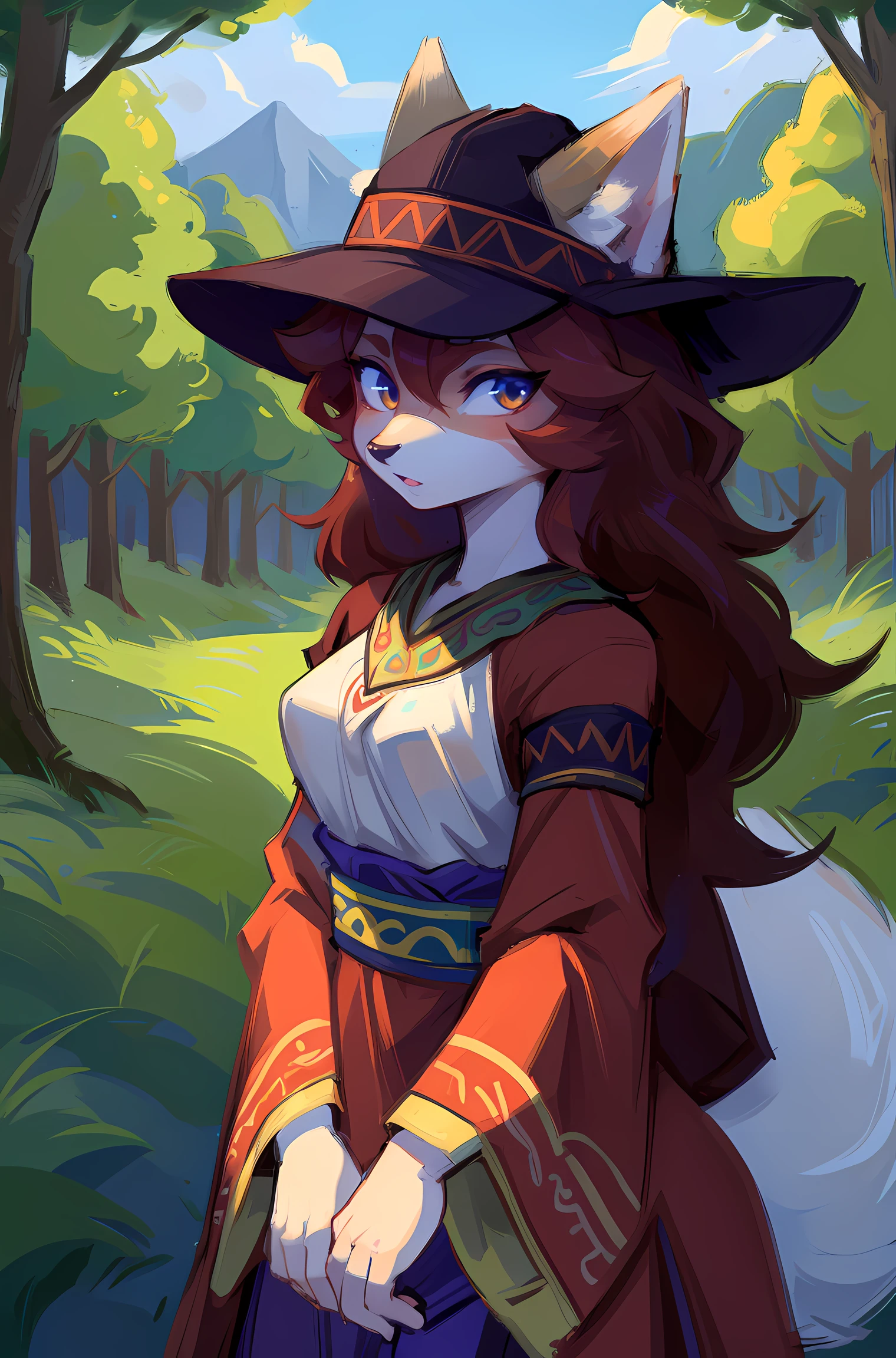 hairy pubic,girl fox,tmasterpiece, Best quality, (Just focus), (It's a perfect face:1.1), (high detal:1.1), (Ultra-detailed eyes), With a hat on, forest in background, Ethnic style costumes