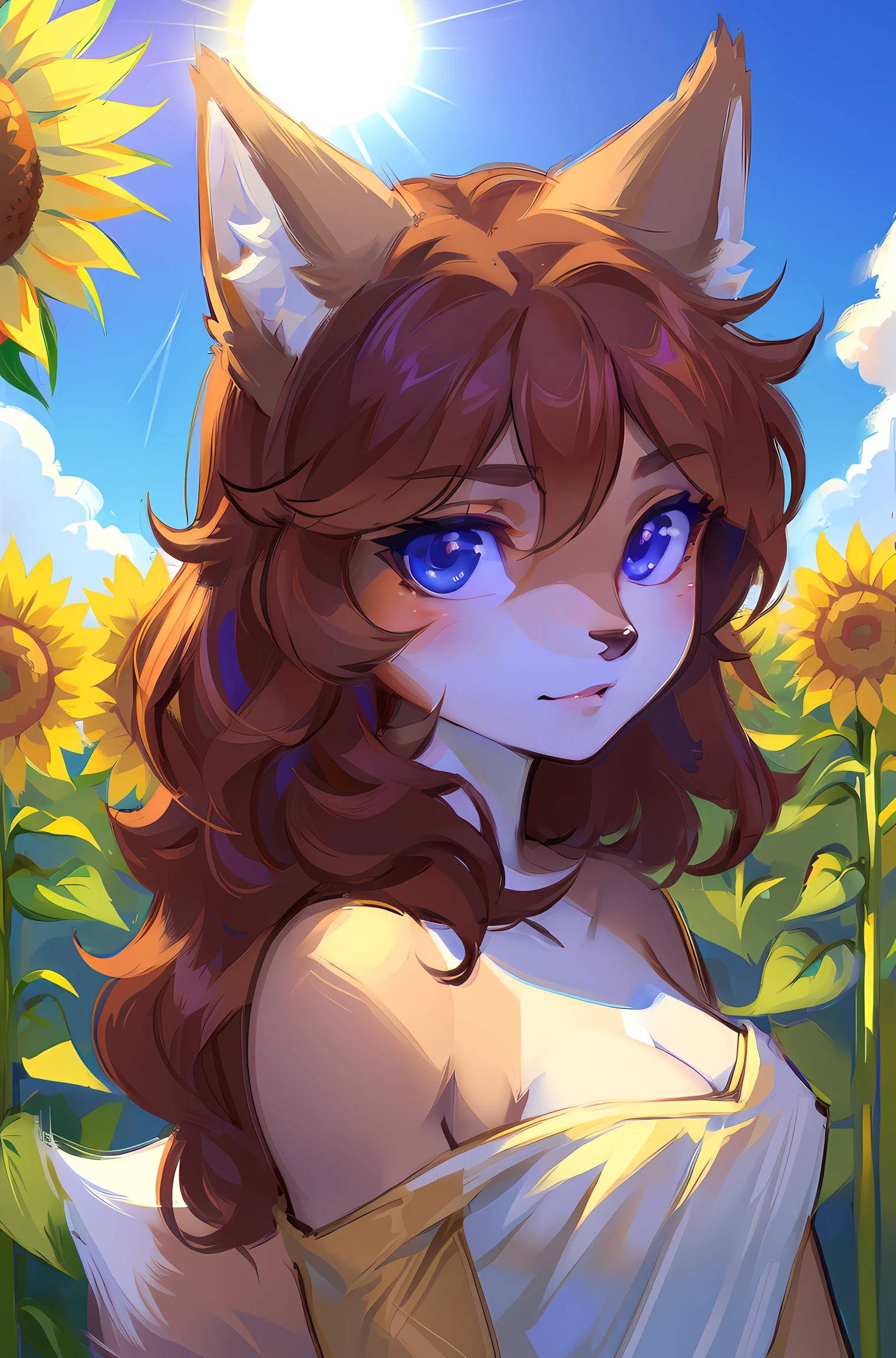 hairy pubic,girl fox,tmasterpiece, Best quality, (Just focus), (It's a perfect face:1.1), (high detal:1.1), (Ultra-detailed eyes), quality), (8K), (top-quality), (real photograph), (photograph of-realistic), Sunflower garden, blue-sky, rainbow and sun shining.