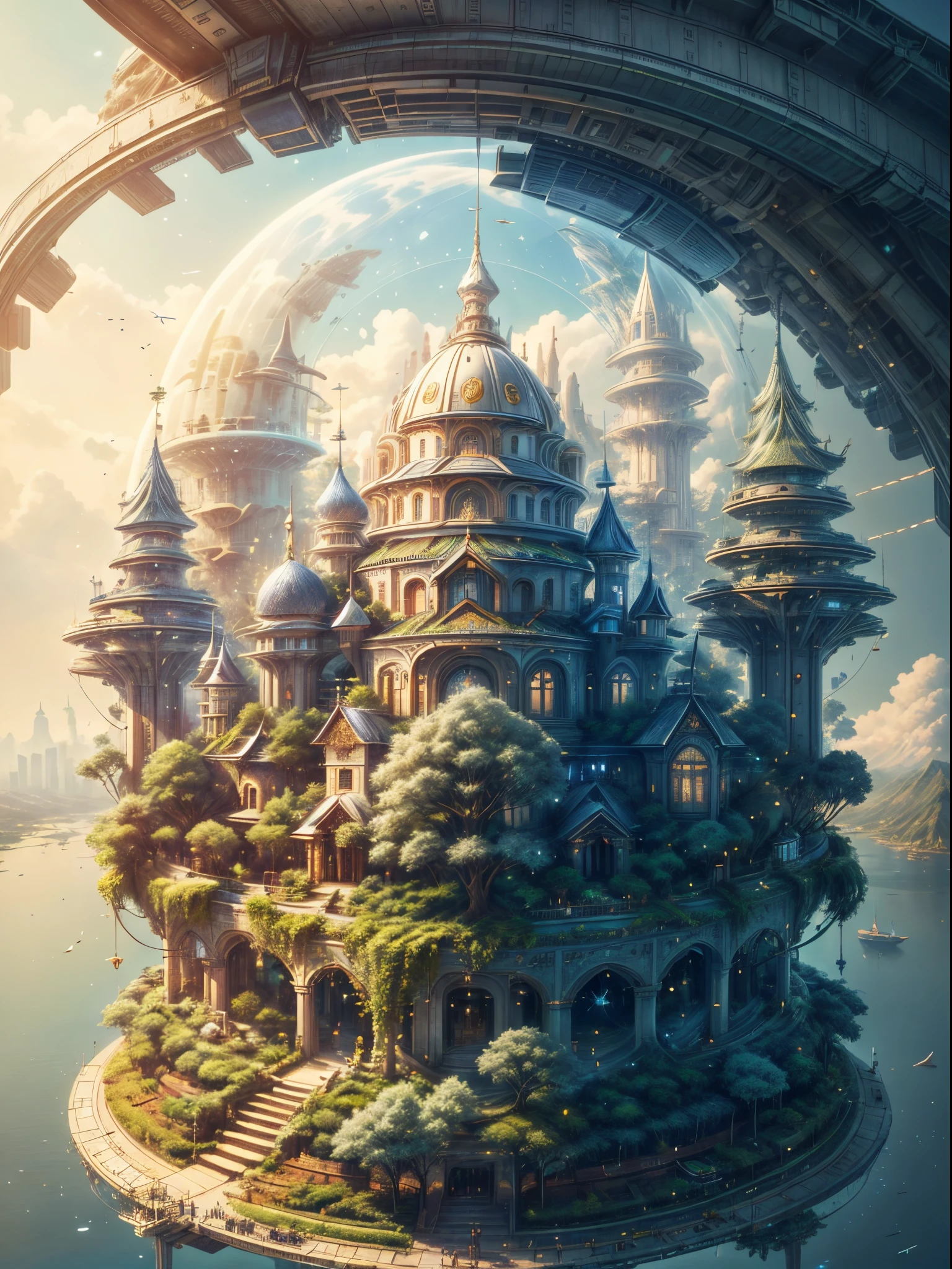 (((A utopian world with futuristic science fiction and fairy tale elements，Mechanical metal combined with classical mythological elements)))，(In this illustration of a utopian world，Describe a fairy tale、An ideal country with science fiction elements。The background is a majestic city，The architectural style combines futuristic and sci-fi elements。Soaring towers and modern glass buildings complement ancient pavilions and temples。The city is surrounded by a verdant forest and clear river，Showing the harmonious coexistence of man and nature)，(There is a huge secret garden in the center of the city，There are all kinds of fantastic plants and creatures growing inside。There are trees that can talk.、Singing birds and various cute animals。In the corner of the garden，There is a huge castle，Its towers reach into the sky)。(science fiction elements：in this utopian world，Technology and nature coexist harmoniously。High-speed maglev trains shuttle through the city，People are flying freely in the air in environmentally friendly aircraft.。Cities are powered by solar energy、Renewable resources such as wind and water energy，Guaranteed ecological sustainable development)。(Cultures：in this utopian world，Cultures of various countries coexist harmoniously，People respect and learn from each other&#39;s traditions and customs。There are various styles of buildings in the city、Sculpture and Artwork，Showcasing the essence of cultures from around the world), (The is very detailed, Well designed, Clear lines, k hd, Best quality at best, tmasterpiece, offcial art, 8K)