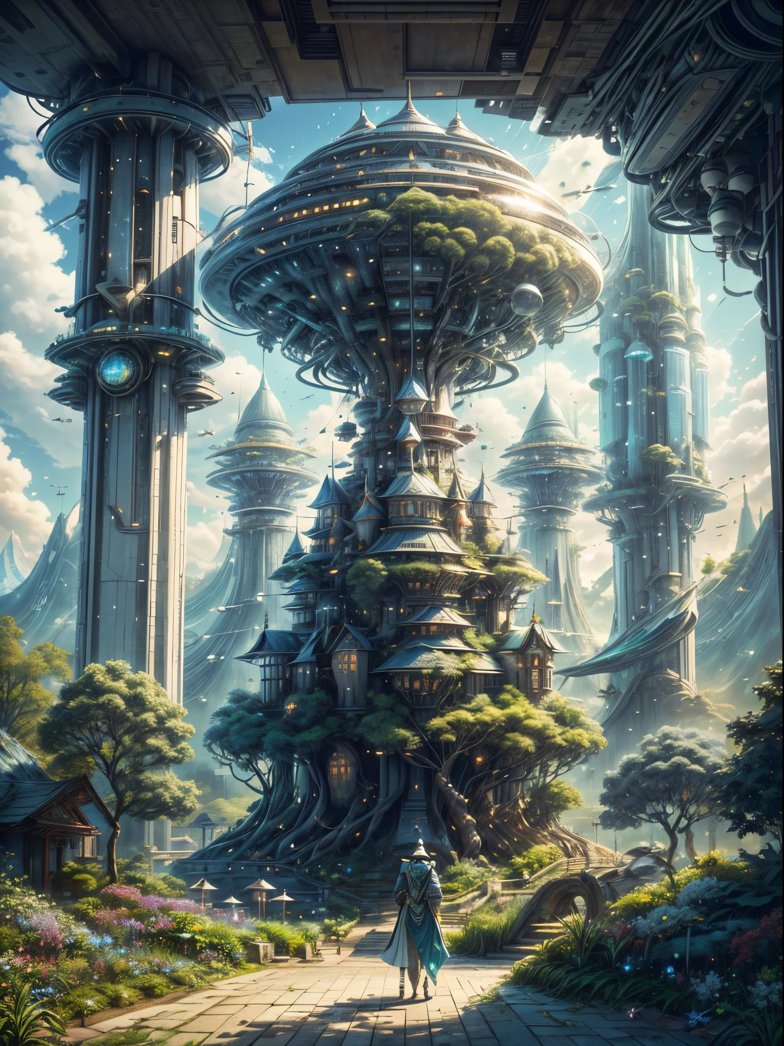 (((A utopian world with futuristic science fiction and fairy tale elements，Mechanical metal combined with classical mythological elements)))，(In this illustration of a utopian world，Describe a fairy tale、An ideal country with science fiction elements。The background is a majestic city，The architectural style combines futuristic and sci-fi elements。Soaring towers and modern glass buildings complement ancient pavilions and temples。The city is surrounded by a verdant forest and clear river，Showing the harmonious coexistence of man and nature)，(There is a huge secret garden in the center of the city，There are all kinds of fantastic plants and creatures growing inside。There are trees that can talk.、Singing birds and various cute animals。In the corner of the garden，There is a huge castle，Its towers reach into the sky)。(science fiction elements：in this utopian world，Technology and nature coexist harmoniously。High-speed maglev trains shuttle through the city，People are flying freely in the air in environmentally friendly aircraft.。Cities are powered by solar energy、Renewable resources such as wind and water energy，Guaranteed ecological sustainable development)。(Cultures：in this utopian world，Cultures of various countries coexist harmoniously，People respect and learn from each other&#39;s traditions and customs。There are various styles of buildings in the city、Sculpture and Artwork，Showcasing the essence of cultures from around the world), (The is very detailed, Well designed, Clear lines, k hd, Best quality at best, tmasterpiece, offcial art, 8K)