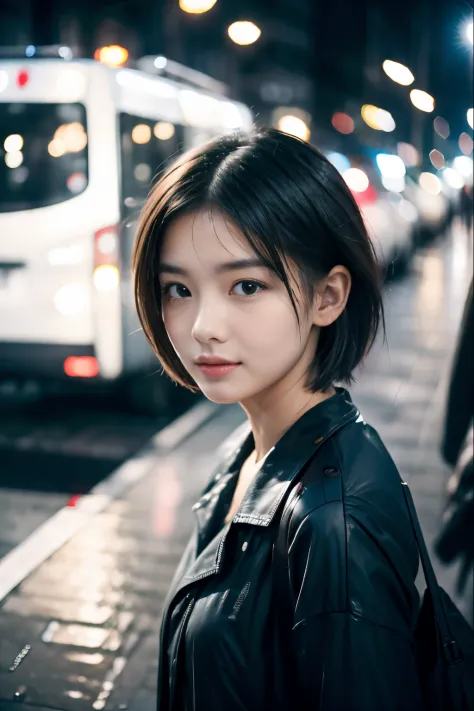 1 girl , short hair, raining , street view.