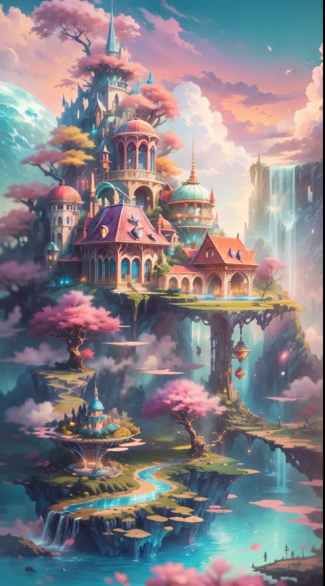 Enchanting utopian world scenes that imagine the majestic realm of romantic fantasy. The environment is full of intricate floating islands, Fluffy clouds, Waterfall cascading from floating island, and a vibrant, Surreal atmosphere. The atmosphere is filled...