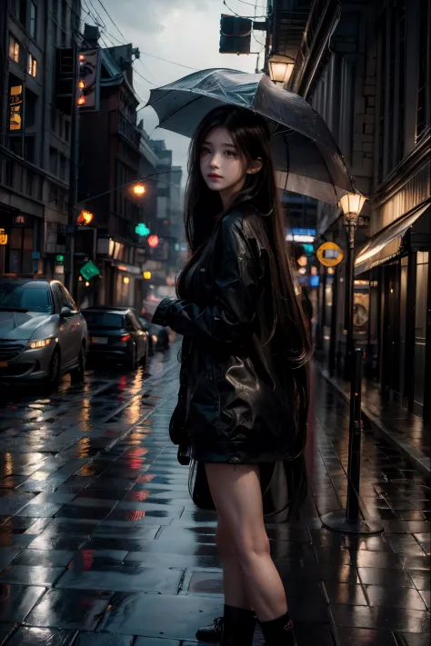 best quality,ultra-detailed,realistic,long hair,girl,raining,street view,portraits,photography,vivid colors,wet pavement,umbrell...