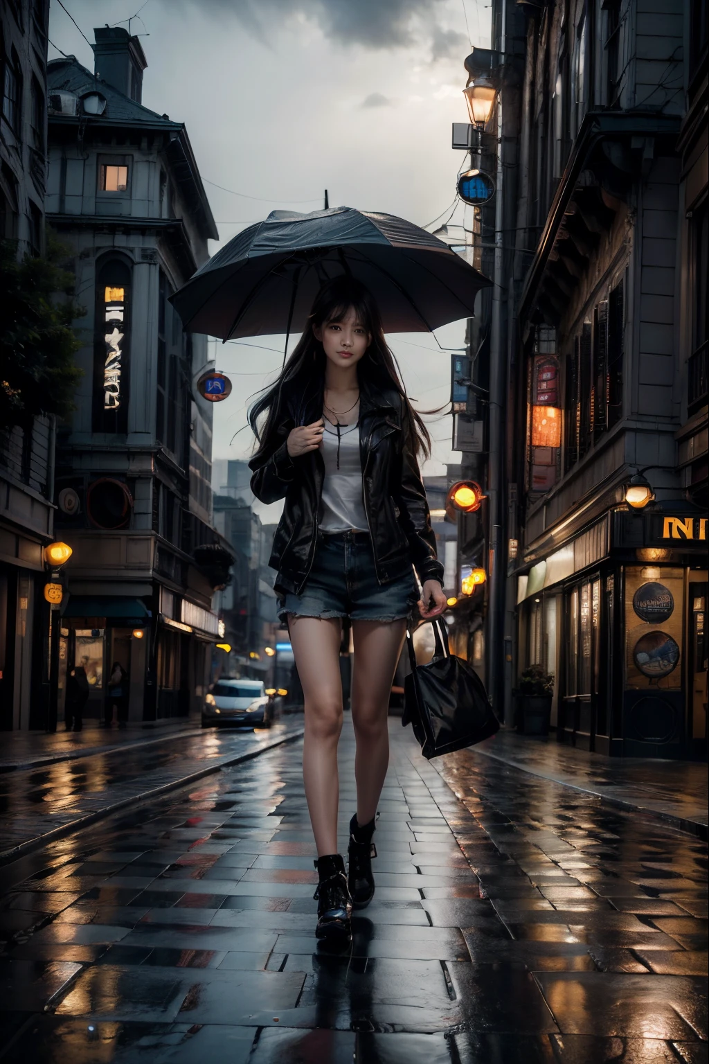 best quality,ultra-detailed,realistic,long hair,girl,raining,street view,portraits,photography,vivid colors,wet pavement,umbrella,city lights,reflections,cityscape,sidewalk,neon lights,traffic,night scene,lonely,serene,urban,atmospheric,bokeh,soft focus,high contrast,damp,cobblestone,characteristic buildings,umbrella reflection,emotion,captivating,inspiring,poetic,fleeting moment,romantic,artist's perspective,instantaneous,fast-paced,chaotic,dynamic,dramatic lighting,shadows and highlights