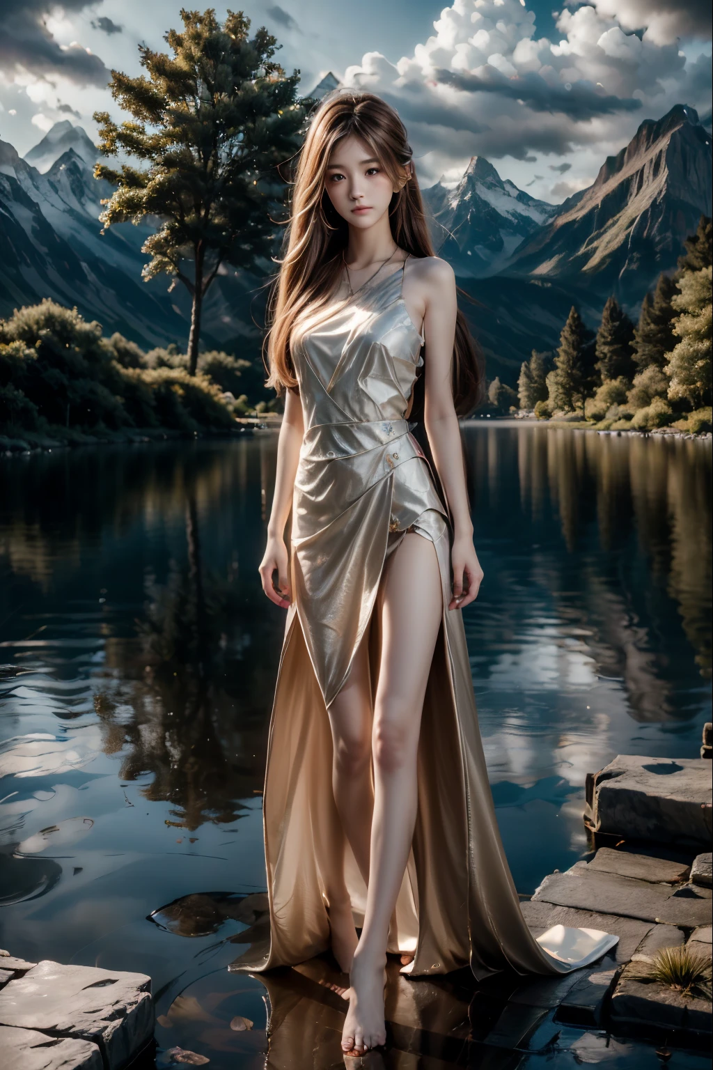 1 girl, with a calm expression, mesmerizing eyes, straight long hair, A flowing dress, A calm posture, porcelain skin, Subtle blush, Crystal pendantBREAK Golden Hour, (edge lit):1.2, a warm color palette, sunflare, soft shade, vivd colour, painterly effect, Dreamy atmosphereBREAK Scenic lake, Far Mountain, willowy, Calm water, Reflectors, clouds illuminated by sunlight, tranquil ambiance, Idyllic sunsets, ultra - detailed, offcial art, Unity8k wallpapers , Tangled, datura