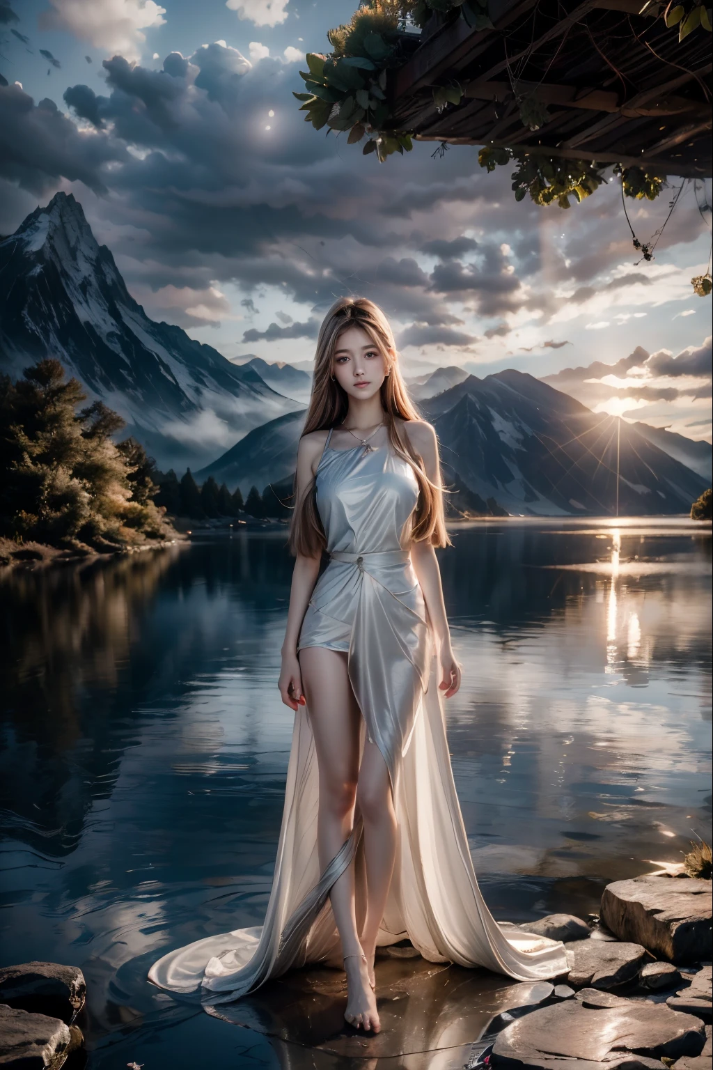 1 girl, with a calm expression, mesmerizing eyes, straight long hair, A flowing dress, A calm posture, porcelain skin, Subtle blush, Crystal pendantBREAK Golden Hour, (edge lit):1.2, a warm color palette, sunflare, soft shade, vivd colour, painterly effect, Dreamy atmosphereBREAK Scenic lake, Far Mountain, willowy, Calm water, Reflectors, clouds illuminated by sunlight, tranquil ambiance, Idyllic sunsets, ultra - detailed, offcial art, Unity8k wallpapers , Tangled, datura