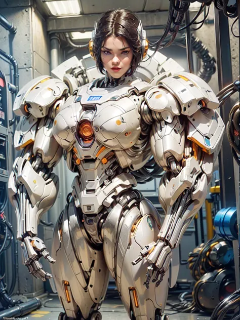 (beautiful female sex droid:1.5), (female mecha cyborg face:1.5), (covered in cables and mechanical muscles:1.5), (robotic mecha...
