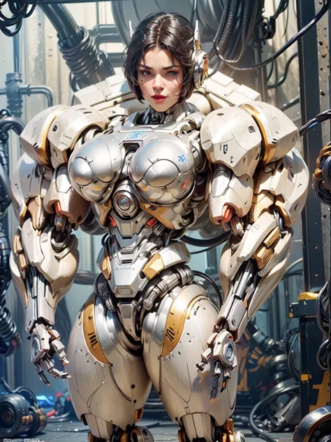 (beautiful female sex droid:1.5), (female mecha cyborg face:1.5), (covered in cables and mechanical muscles:1.5), (robotic mecha...