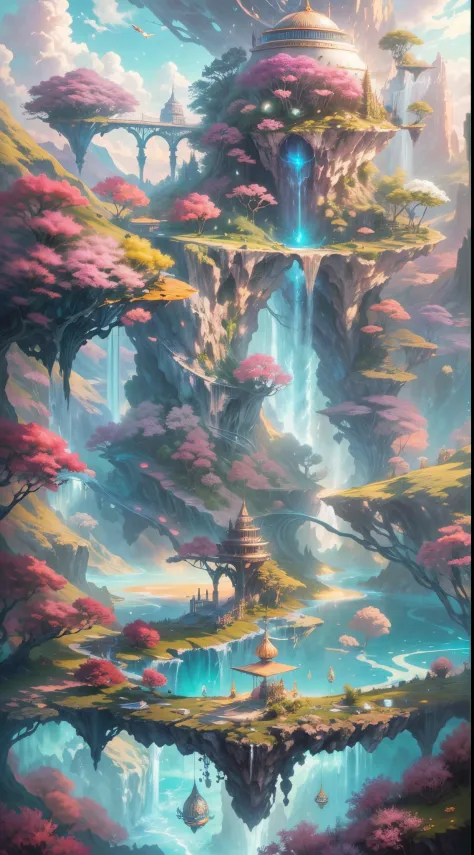 Enchanting utopian world scenes that imagine the majestic realm of romantic fantasy. The environment is full of intricate floati...