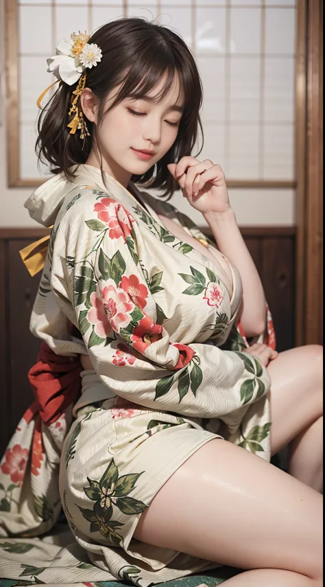 8K, top-quality, hight resolution, 逼真, realperson, One Beautiful Girl, a smile, traditional Japanese kimono、Luxury kimono、no wrinkles at all, full bodyesbian、huge tit、cleavage of the breast、beautiful legs、beauty legs、Her kimono is so exposed that her butt ...