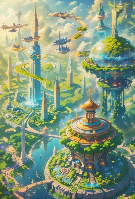 (((A utopian world with futuristic science fiction and fairy tale elements，Mechanical metal combined with classical mythological...